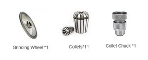 PURROS PG-X4 Portable Cutter Grinder's fittings include collet, grinding wheel, collet chuck.